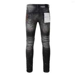 Herrenjeans der Marke Purple Man Black High Street Paint Graffiti-Muster Beschädigte zerrissene Skinny-Hosen Denim-Hosen 437 565