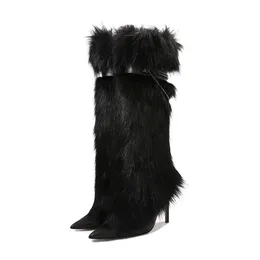 Furry Boots High Heeled Winter Knee High Boots Women Faux Fur Zip Shoes Ladies