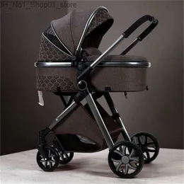 Strollers# High landscape stroller blue brown baby girl and boy carriage 3 in 1 cotton check pattern strollers tiltable foldable popular outdoor ba01 C23 Q231215