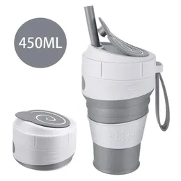 Taza de café plegable de silicona de 450 ml con tapa a prueba de fugas de paja para viajes, senderismo, Picnic, taza de café plegable BPA de calidad alimentaria 2310d