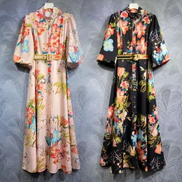 Designer-Freizeitkleid, Laternen-Langarm, einreihig, plissiert, großer Bund mit tailliertem Blumendruck, langer Rock für Damenbekleidung