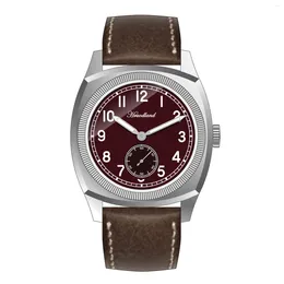 손목 시계 Hruodland 레트로 갈매기 ST17 Mov't Dress Men Watches Sapphire Glass Red Green Leather Strap Stainless Steeel Wristwatch