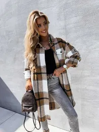 Kvinnors blusar skjortor Autumn Winter Women checked skjorta rockar ull blandar varma långa rutiga rockar kvinnliga eleganta chic retro femme stora jackor yq231214