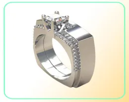 2019 anillo de compromiso para mujer, conjunto emparejado, anillos de Boda de Princesa cuadrados, circonita, Micro pavimentado, Color plata DDR0758673130