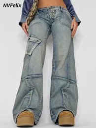Macacões femininos Romper Flared Jeans Outono 90s Vintage Baggy Straight Denim Calças Y2K Cintura Alta Solta Costura Calças de Perna Larga Streetwear 231213