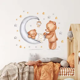 Urso dos desenhos animados mãe e bebê no berço adesivos de parede do berçário do bebê decalques de parede do chuveiro do bebê festa adesivos decorativos decoração nural