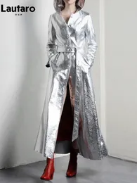 Kvinnors dike rockar Lautaro Spring Autumn Extra Long Cool Silver Shiny Reflective Pu Leather Trench Coat för kvinnor med Hood Luxury Runway Fashion 231213