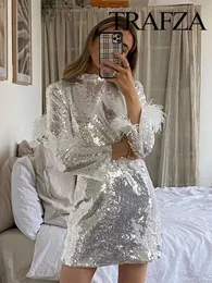 Robes décontractées de base TRAFZA mode femme paillettes scintillantes robe ajustée rétro sexy dos nu femmes col rond manches longues soirée mini robe 231213