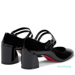 Lüks marka ayakkabıları Paris Kadınlar Sandalet Pompaları Deri Ayakkabı Yüksek Topuklu 55mm Patent Deri Pompası Çift Kayış Blok Topuklu
