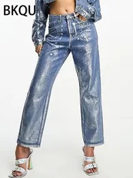 Jumpsuits von Frauen Rolpper Bkqu metallisch hoher Taille gerade Jean 2023 Herbst Drucken loser Weitbein -Denimhose Streetwear Harajuku Vintage 231213