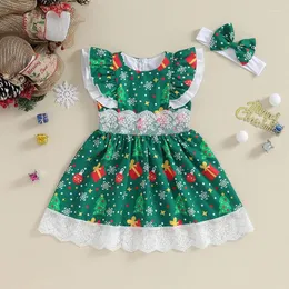 Vestidos de menina para crianças pequenas, roupas de natal para meninas, vestido de renda estampado, faixa de cabeça, roupas de verão de duas peças