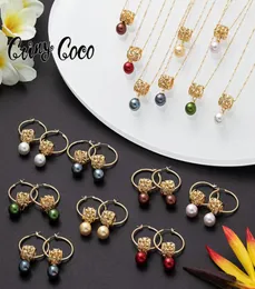 Orecchini Collana Cring Coco Set di gioielli di perle multicolori Set di collane con ciondolo frangipani polinesiano in oro rosa hawaiano 3391188