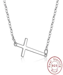 Zierliche echte 925er-Sterlingsilber-Halskette mit horizontalem seitlichem Kreuz, schlichtes Kruzifix, halslos, von Prominenten inspirierter Schmuck SN011 Choke9807753