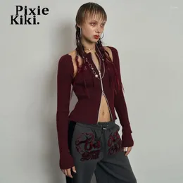 القمصان النسائية Pixiekiki zip Up Cut Out Y2K Tops Tops Long Sleeve Tees Red مضلعة القميص المجهز النساء على الطراز الكوري تتجه الملابس P71-BH21