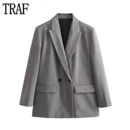 Womens Suits Blazers TRAF Grey Oversize Long Blazer Women Double Breasted for Autumn Office Jacket Masculine Woman 231213