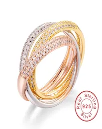 Anel triplo círculos goldrose goldsilver três cores joias de luxo 925 prata pave 5a cz anel feminino anéis de dedo de casamento presente7988991