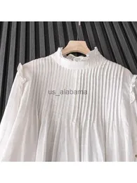 Blusas de mujer Camisas Lamtrip Unique 2023 Primavera Retro Plisado Cuello con volantes Botones traseros Camisa a cuadros de algodón Blusa blanca Mujer YQ231214