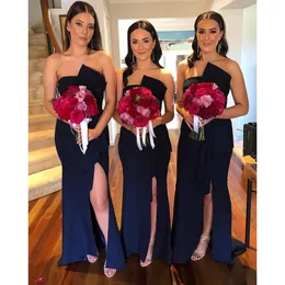 2023 Sexy Bridesmaid Dresses A Line Side Split Strapless Navy Blue Floor Length Wedding Guest Gowns Junior Maid Of Honor Dress Elastic Silk Like Satin Party Gowns