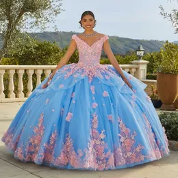 Sky Blue V-Neck Ball Suknia Quinceanera Sukienki z koralikami gwiazdy imprezowe suknie imprezowe aplikacje Kwiat Kwiat