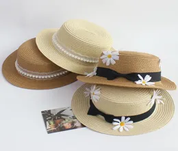 2022 New Sun Hat Straw Boater Top Summer Mats Women Beach Flat Brim Cap Bow Knot Ribbon for Holiday Sombreros de Sol Pearl Caps7942923