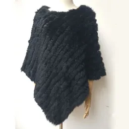 Scarves HSPL Spring Knitted Natural Fur Shawl Fashion Rabbit Fur Cape Shawl Genuine Rabbit Fur Women Black Fur Poncho 231214