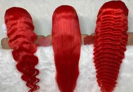 Wholale cor vermelha onda do corpo cabelo humano brasileiro pré arrancado 13x6 peruca para mulheres remy perucas dianteiras do laço 3695096