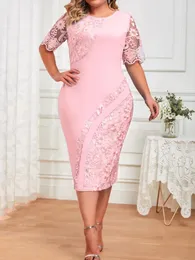 Plus Size Dresses Women Clothing Summer Style Fashion Casual Lace Splicing Short Sleeve O Neck Slim Fit 5XL Party Dress Midi