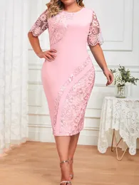 Plus Size Kleider Damen Kleidung Sommer Stil Mode Lässig Spitze Spleißen Kurzarm O Hals Slim Fit 5XL Partykleid Midi