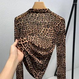 Mulheres camisetas de alta qualidade 2023 mulheres tops inverno outono leopardo impressão - camisa feminina gaze roupas sexy colheita top roupas blusa casual