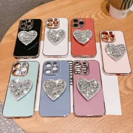 Luxury Electropated Plating Bling Diamond Heart Holder Telefonfodral för iPhone 15 Pro Max för Samsung