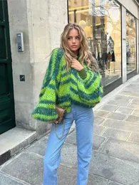 Frauen Pullover Übergroße Bunte Streifen Gestrickte Strickjacken Crop Frauen Lose Langarm Vorne Offen Herbst Chic Hohe Streetwears 231214