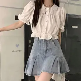 Blusas femininas 2 peças conjunto camisa feminina y2k puff manga babados coreano versátil tops cintura alta magro encaixe único saia plissada senhora