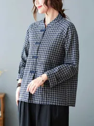 Blouses Femme Chemises Femmes à manches longues chemises décontractées nouveauté 2023 printemps Style Vintage col montant Plaid lâche femme coton lin hauts B2231 YQ231214