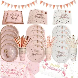 Disposable Dinnerware Birthday Disposable Tableware Set Pink Rose Gold White Plates Cups Napkins Tablecloth Girl Birthday Party Decoration Baby Shower 231213
