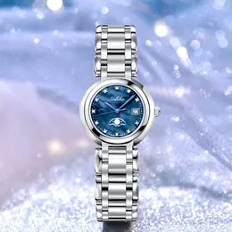 Leichte luxuriöse hohe Aussehen Level Diamond in Laid Womens Watch Einfacher Stahlgürtel wasserdichte Frauen Watch Star Moon Blue Disc Quartz Watch Calender Y6