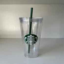 Tazza Starbucks Sirena da 24 OZ Bicchieri in plastica trasparente a doppio strato Tazza riutilizzabile con coperchio e cannuccia202M