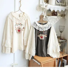 Women's Hoodies 120cm Bust Spring Autumn Women Mori Kei Girl Loose Floral Embroidered Lace Patchwork Comfortable Cotton Sweatshirts