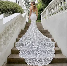 Hochzeit Bohemian Lace Mermaid Kleider sexy Rückenless V Hals Beach Brautkleider Langer Zug Elfenbein Satin Braut Kleid MADE MADE