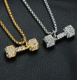 Hip Hop Gold Color Barbell Men Pendant Necklace Ice Out Bling Fitness Dumbbell Stainless Steel Titanium Necklaces Jewelry5564199