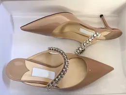 2024 Luxury women sandal slipper slide heel bing 65mm and strass strap crystal-embellished patent leather shoes Rhinestone stiletto Heels sandals 35-43