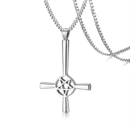 Große silberne Halskette mit umgekehrtem Kreuz, okkultes Pentagramm aus Edelstahl, satanischer Gothic-Satan-Schmuck302u