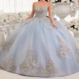 Sky Blue Shiny Quinceanera Dresses 2024 Formal Luxury Party Beading Lace Appliques Sweet 15 Dress Graduation Ball Gwon Prom Gowns