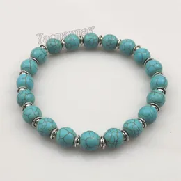 Stretchy 8mm Turquoise Beaded Bracelets With Silver Color Spacer Beads For Women 12pcs 2894