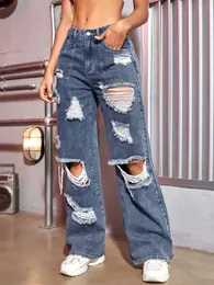 Macacões femininos macacão harajuku mulheres moda carga jeans rua rasgada detalhes perna reta calças jeans simples casual calças largas mujer 231213