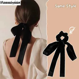 Headwear Hair Accessories Fashion Vintage Black Velvet Bow Hair Ribbon Scrunchie For Women Girls Long Elastic Hair Tie Headwear Female Hair AccessoriesL231214