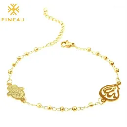 Charm Bracelets FINE4U B228 Stainless Steel Muslim Hamsa Charms Bracelet 3mm Gold Color Beads Islam Koran Rosary Jewelry For Women3020