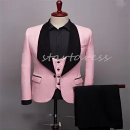 Slim Pink White Wedding Smokedos Schal Revers 3 Teile Weste Mantel Schwarzer Hosenanzug maßgeschneidert männliche Prom -Anzüge gutaussehende Jaquard Black Men Bräutigamanzug Anpassungsbussiness Outfit