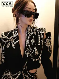 Womens Suits Blazers Luxury Women Crystal Beading Blazer Topps Sexig Backless Hollow Out Suit Coat Runway Designer Long Shiny Baroque Diamonds Jacket 231214