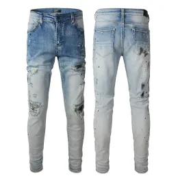 Man målar jeans denim mager smal cyklist moto hip hop rak ben blå lapp vintage nödsträcka för man killar knä rippade passar pant lon