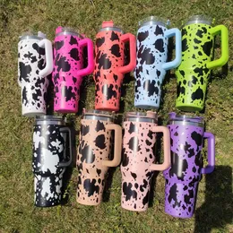 40oz Tumbler Designer Tumblers Färgglada Leopard Milk Design Rostfritt stål med logotyphandtag Lock Straw Beer Mug Water Bottle Outdoor Camping Cup